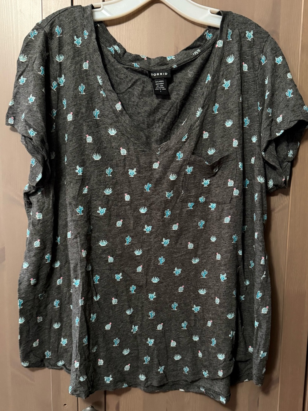 Torrid Charcoal V-Neck Tee with Teal Cactus Print